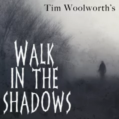 A blurred, mysterious figure with glowing eyes, standing next to a forest. With an artistic, abstract edit for Walk in the Shadows logo.